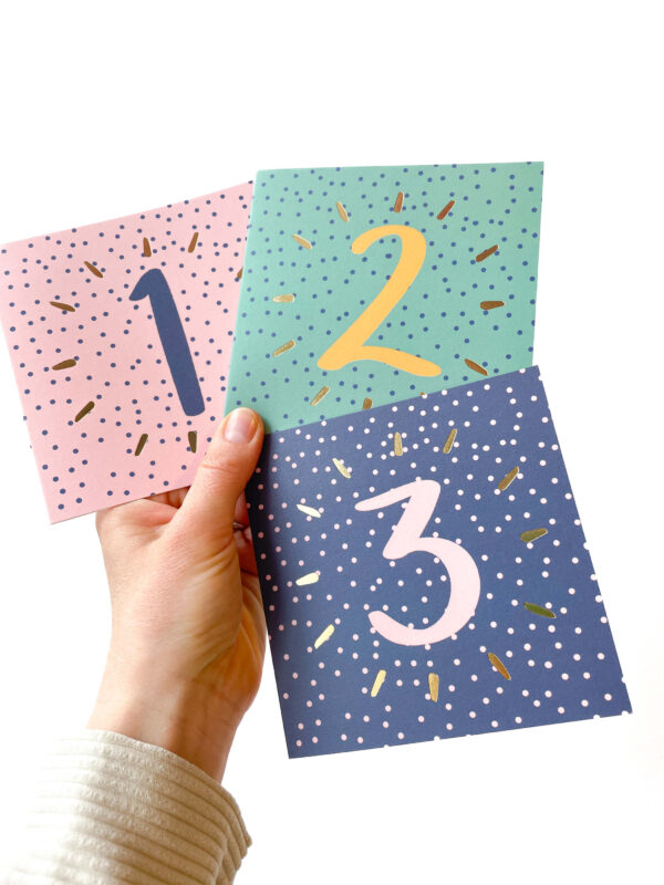 Age birthday cards - 1st, 2nd and 3rd birthday cards in colourful spotty designs