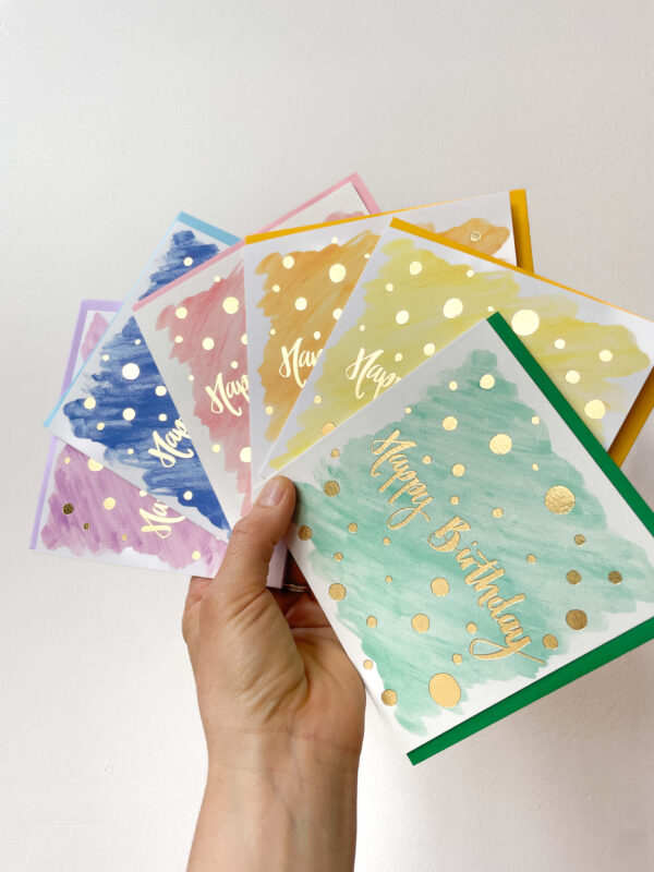 gender neutral colourful birthday cards with gold foiling reading 'happy birthday'